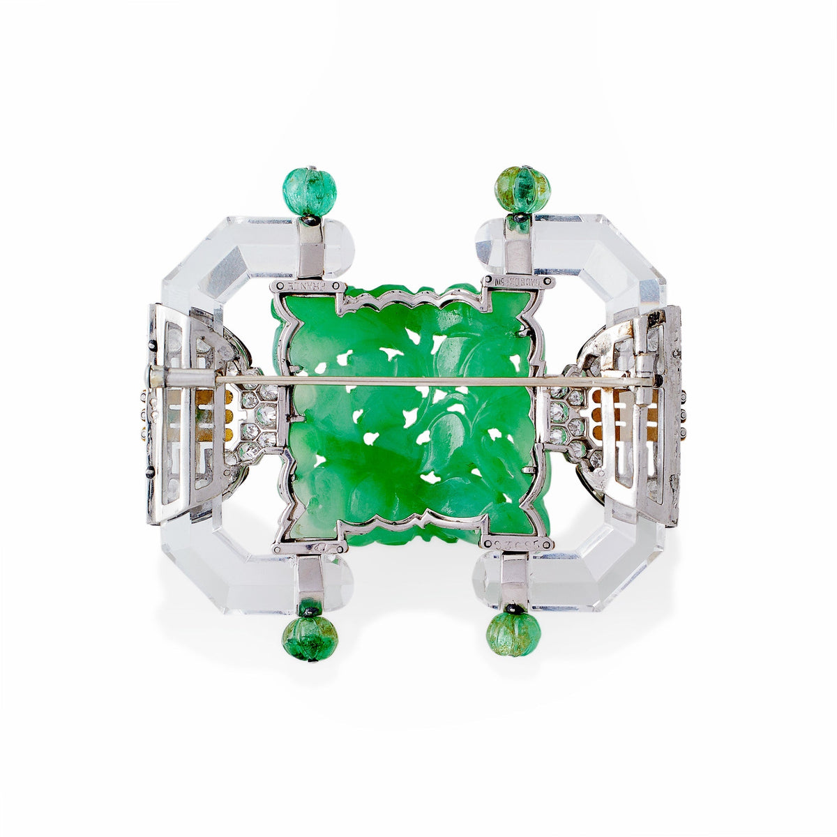 Mauboussin Paris Carved Rock Crystal, Jadeite and Emerald Brooch