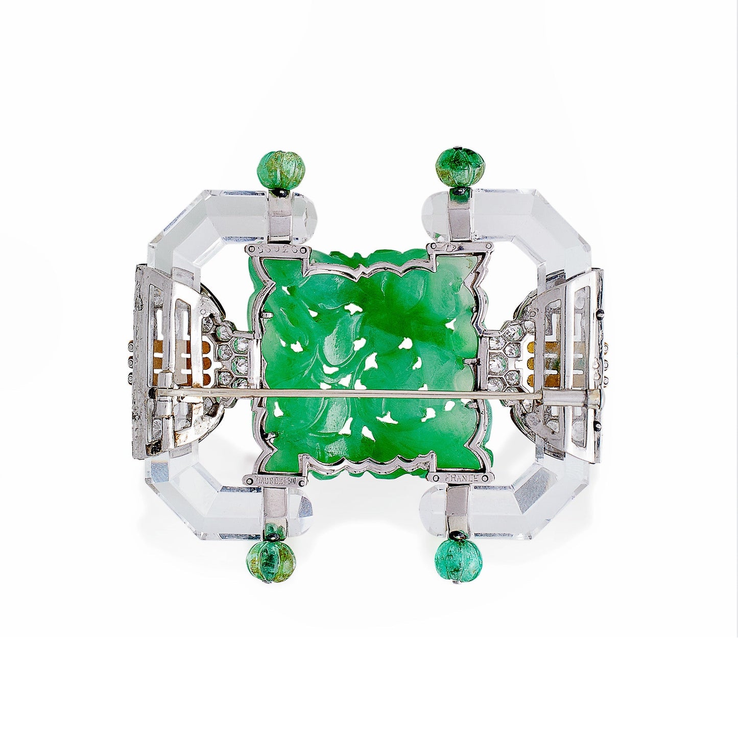 Mauboussin Paris Carved Rock Crystal, Jadeite and Emerald Brooch