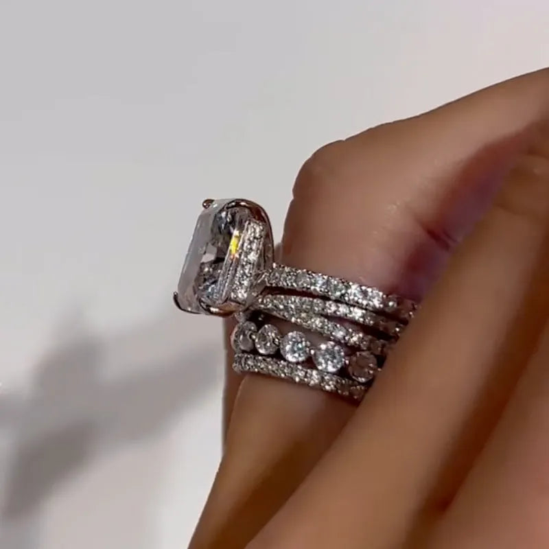 Solarii Radiant Cut 4PC Wedding Ring Set In Sterling Silver