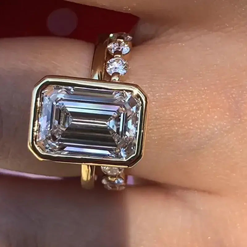 Emerald Cut Yellow Gold Plated 925 Sterling Silver Ring Set with Cubic Zirconia Elegant Gloss Wedding Ring Set