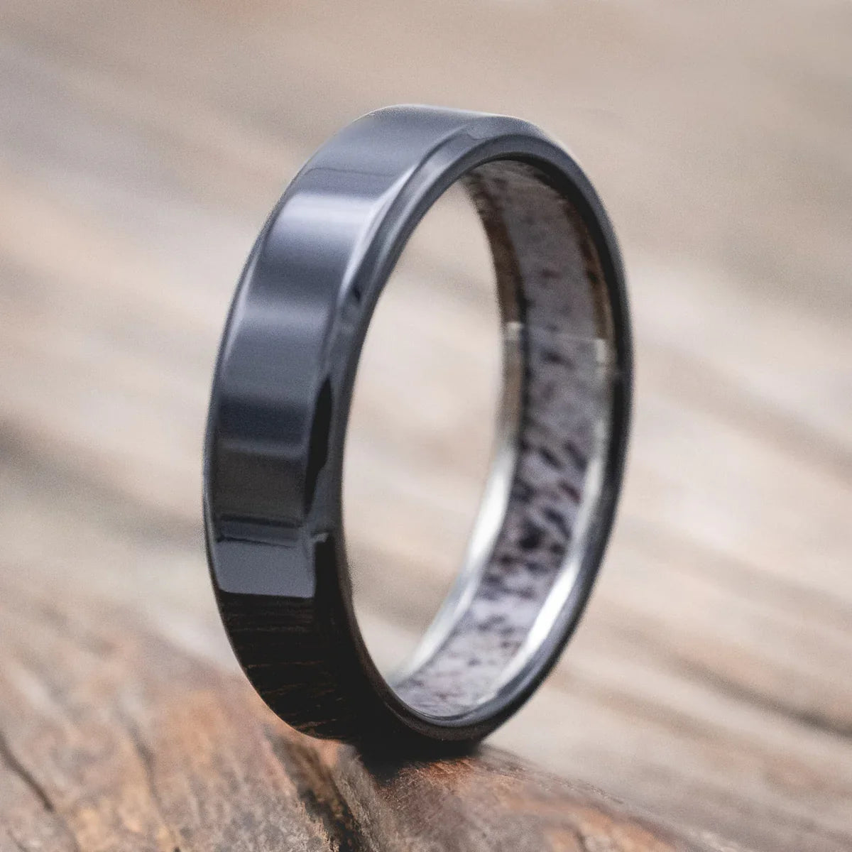"Hyperion" - Antler Lined Wedding Ring - Black Zirconium (6mm) - Size 11