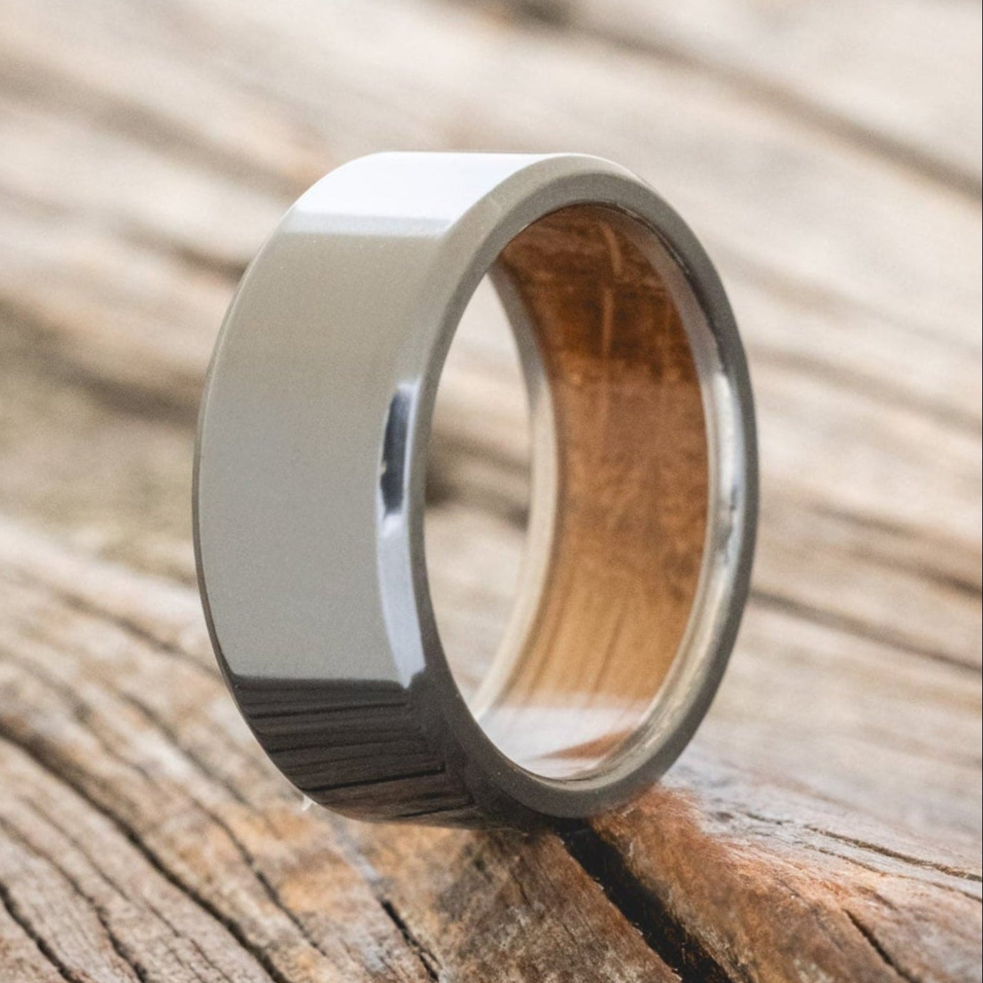 "Hyperion" - Whiskey Barrel Lined Wedding Band With Custom Finish