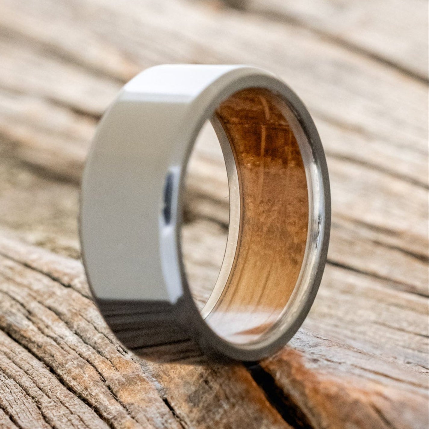 "Hyperion" - Whiskey Barrel Lined Wedding Band With Custom Finish
