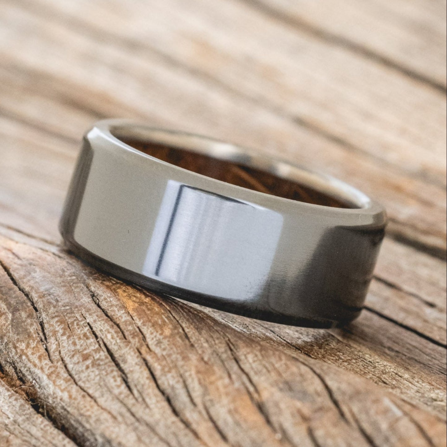 "Hyperion" - Whiskey Barrel Lined Wedding Band With Custom Finish