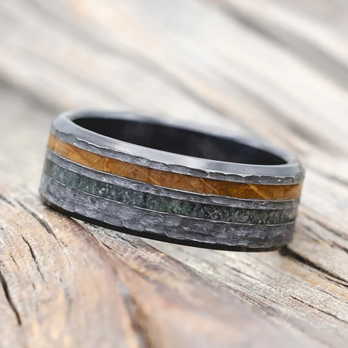 "Cosmo" - Whiskey Barrel Oak & Moss Agate Wedding Ring Featuring A Hammered Finish - Black Zirconium (8mm) - Size 9 1/2