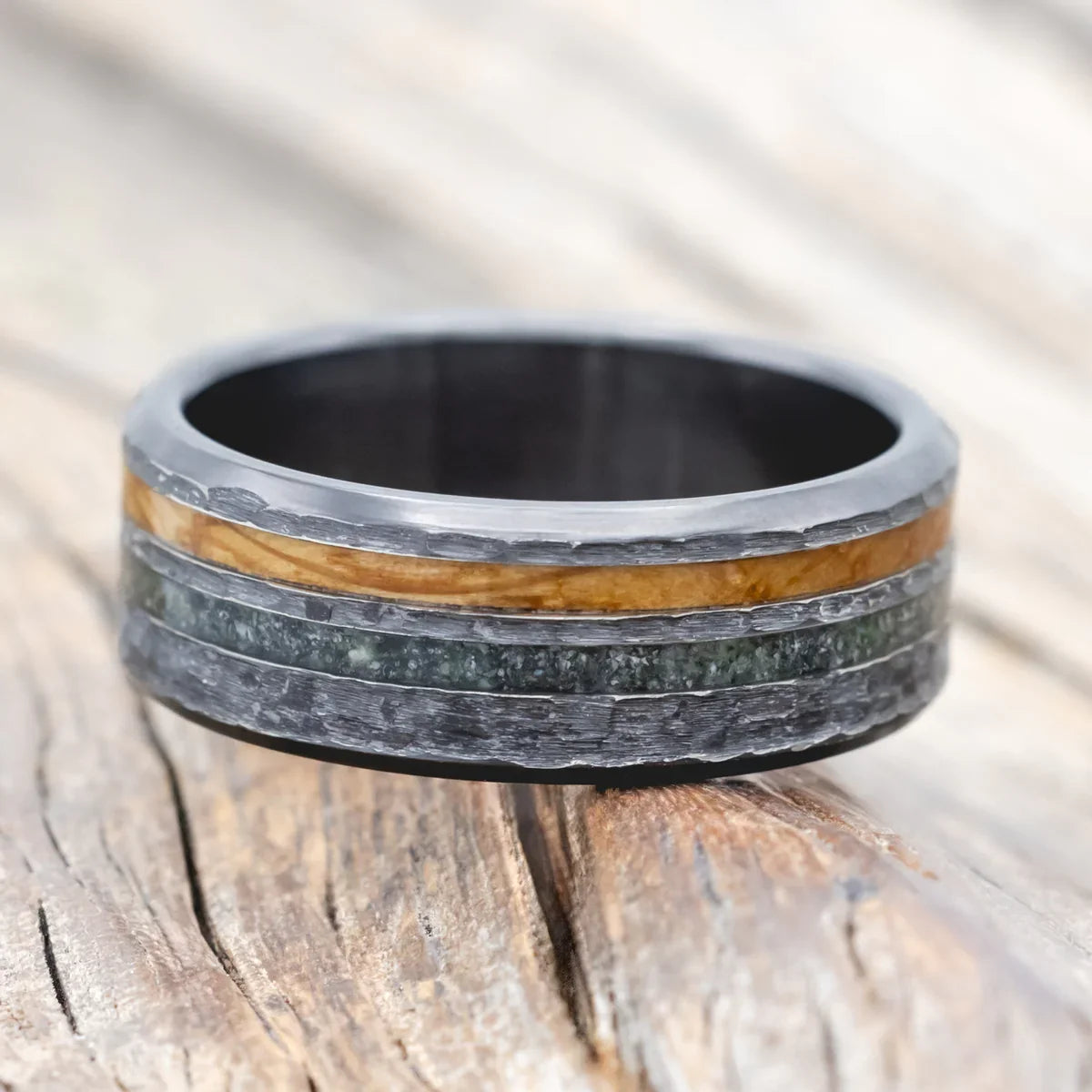 "Cosmo" - Whiskey Barrel Oak & Moss Agate Wedding Ring Featuring A Hammered Finish - Black Zirconium (8mm) - Size 9 1/2