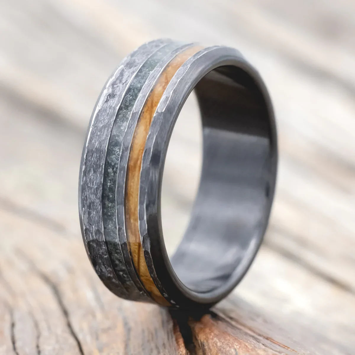"Cosmo" - Whiskey Barrel Oak & Moss Agate Wedding Ring Featuring A Hammered Finish - Black Zirconium (8mm) - Size 9 1/2