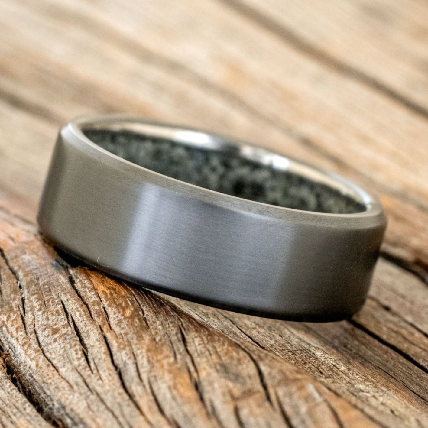 "Hyperion" - Crushed Moss Agate Lined Wedding Band With Custom Finish