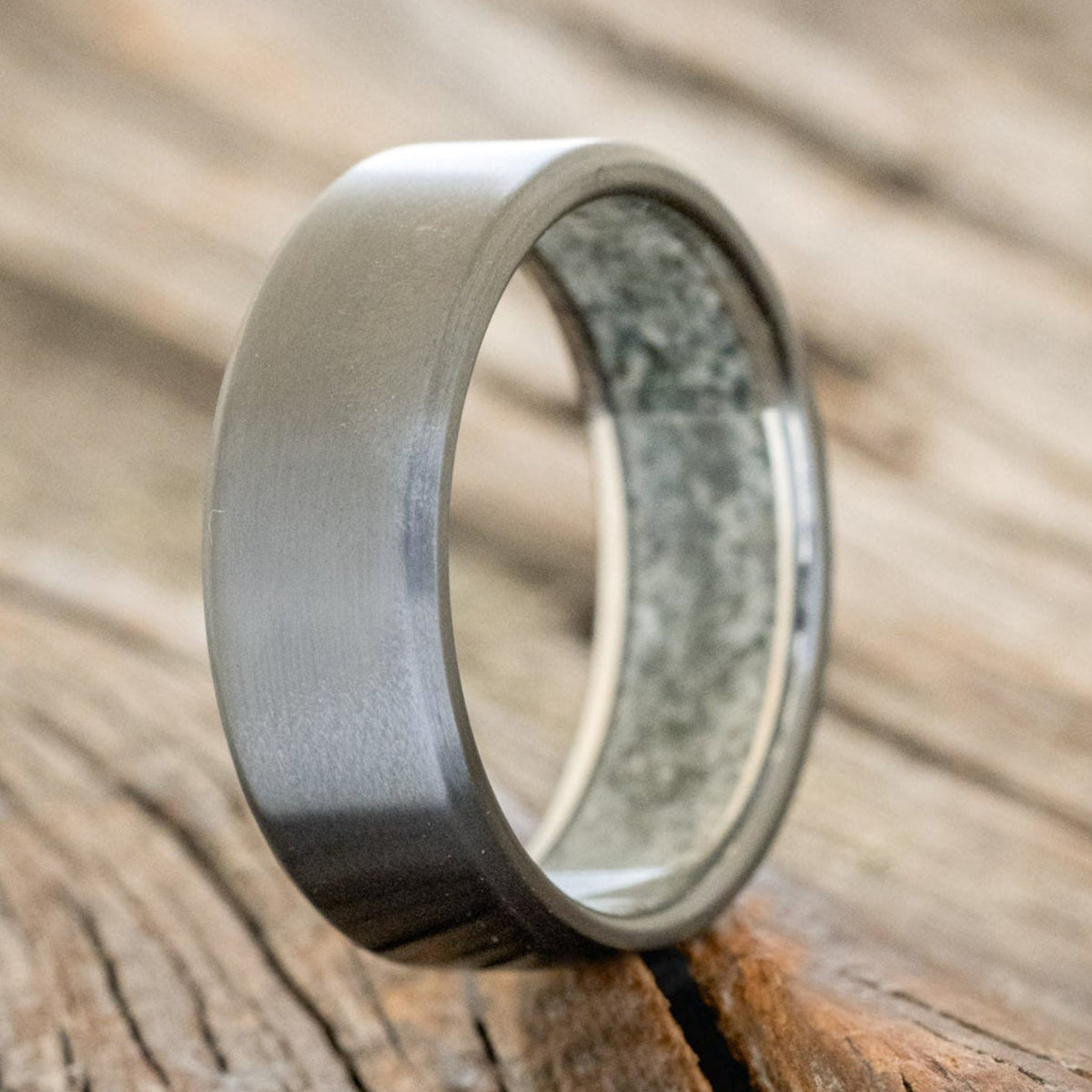 "Hyperion" - Crushed Moss Agate Lined Wedding Band With Custom Finish