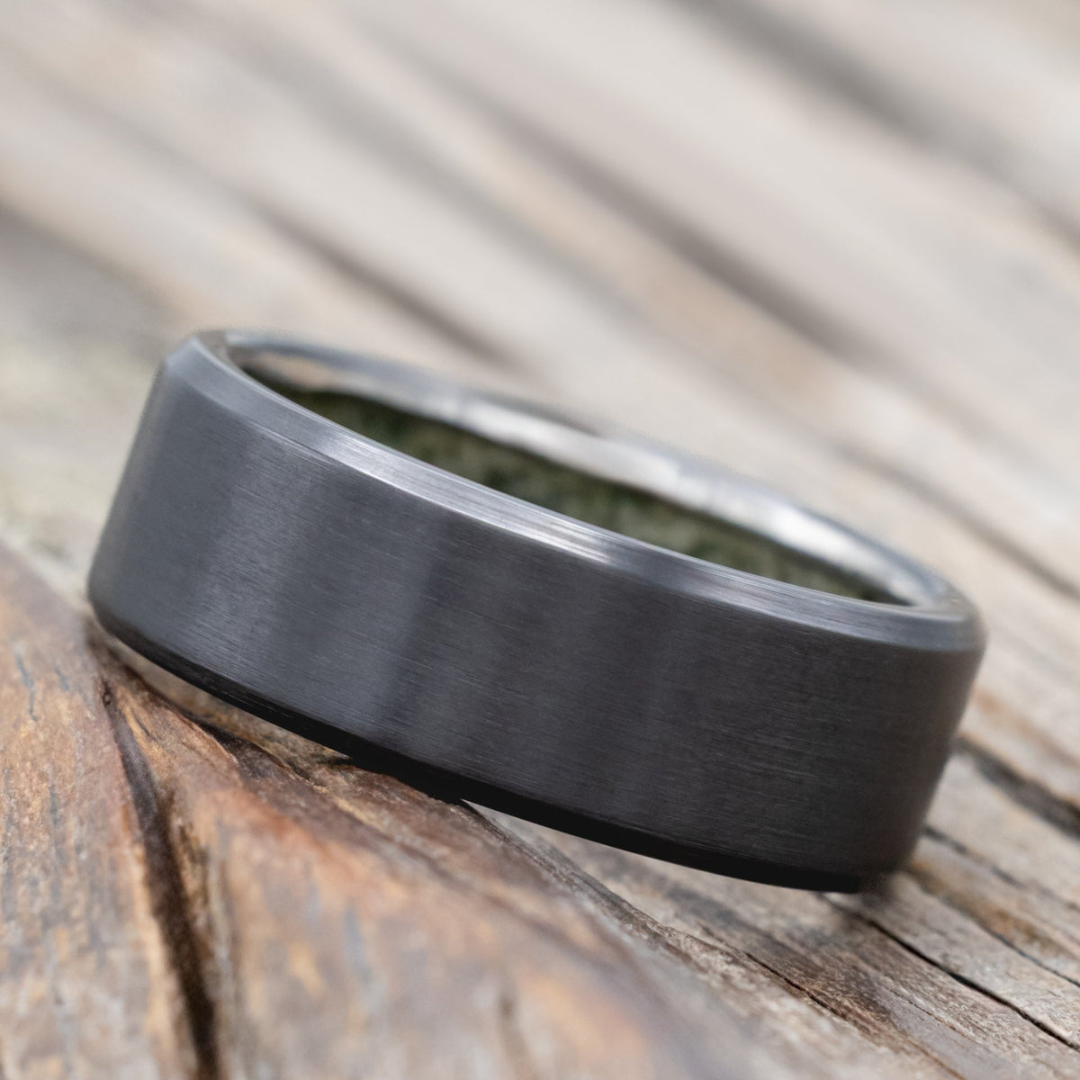 "Hyperion" - Crushed Moss Agate Lined Wedding Band With Custom Finish