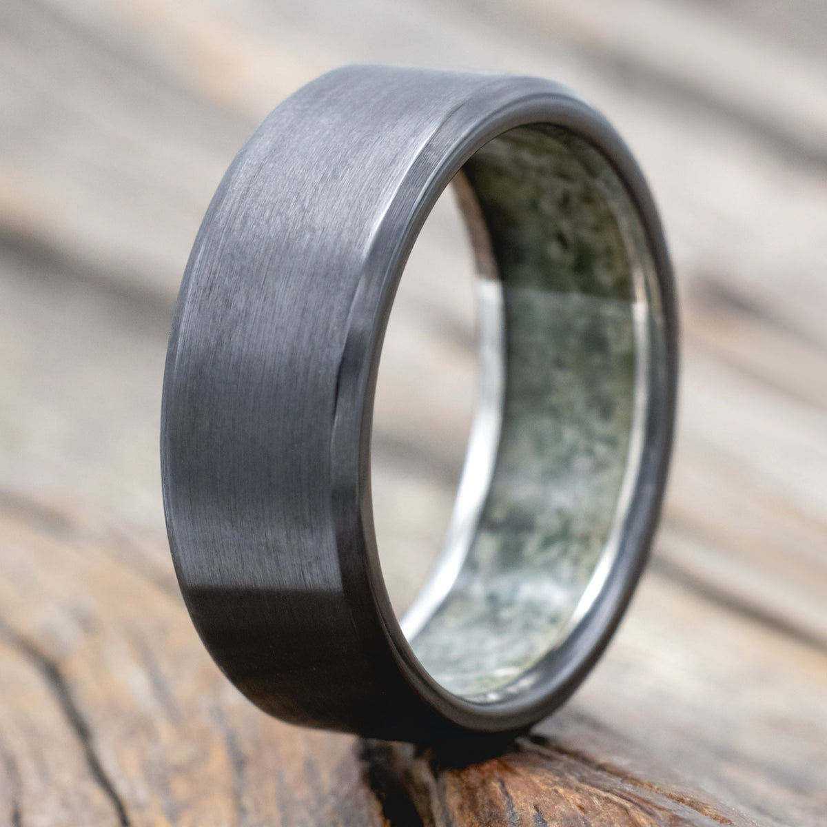 "Hyperion" - Crushed Moss Agate Lined Wedding Band With Custom Finish