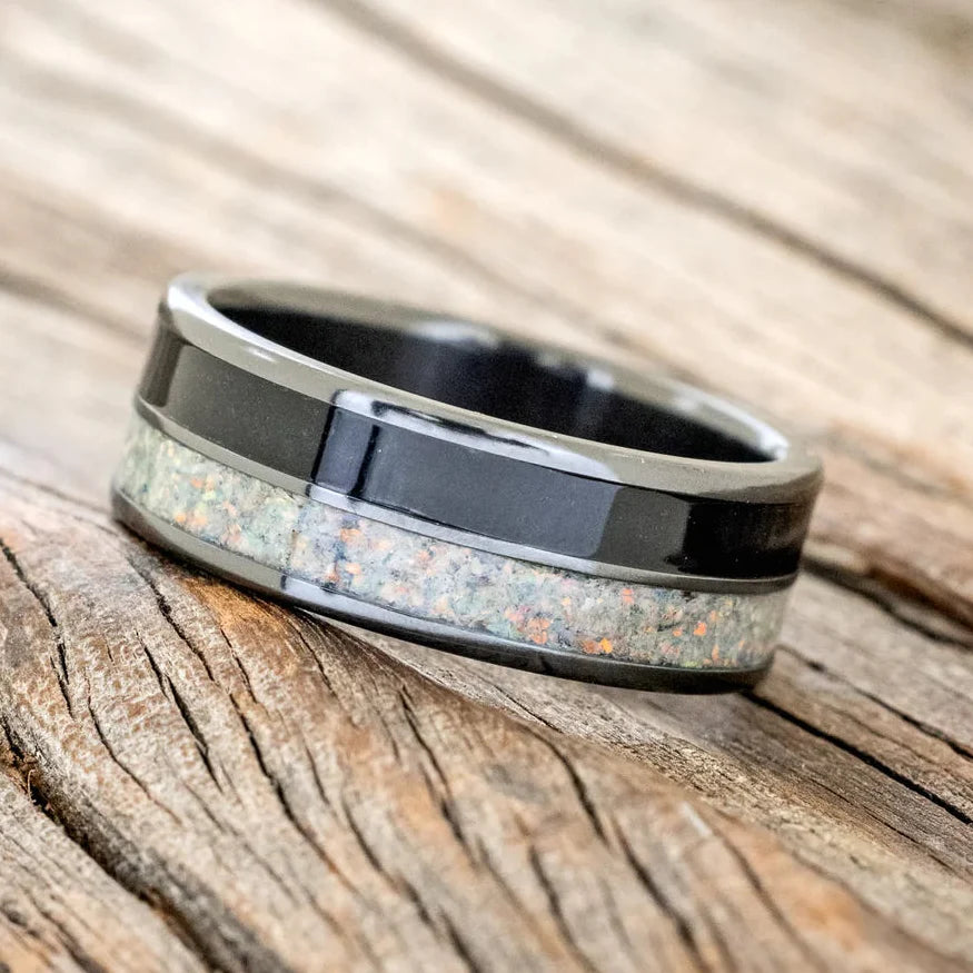 "Dyad" - Fire & Ice Opal and Jet Stone Wedding Band - Black Zirconium (8mm) - Size 8 1/2