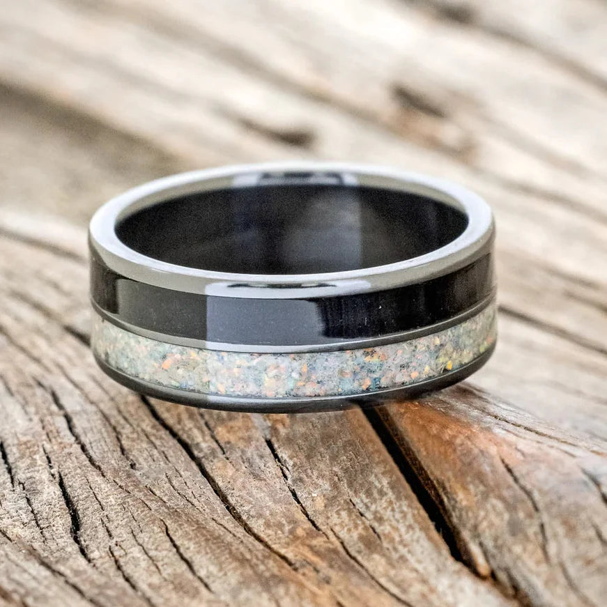 "Dyad" - Fire & Ice Opal and Jet Stone Wedding Band - Black Zirconium (8mm) - Size 8 1/2