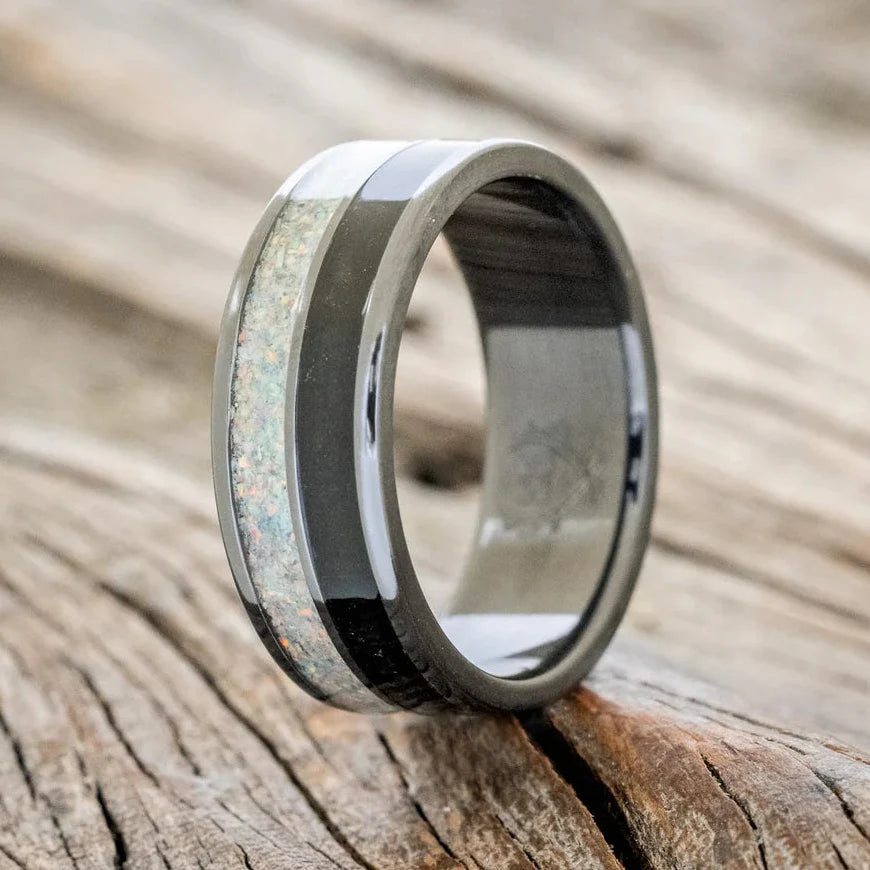 "Dyad" - Fire & Ice Opal and Jet Stone Wedding Band - Black Zirconium (8mm) - Size 8 1/2