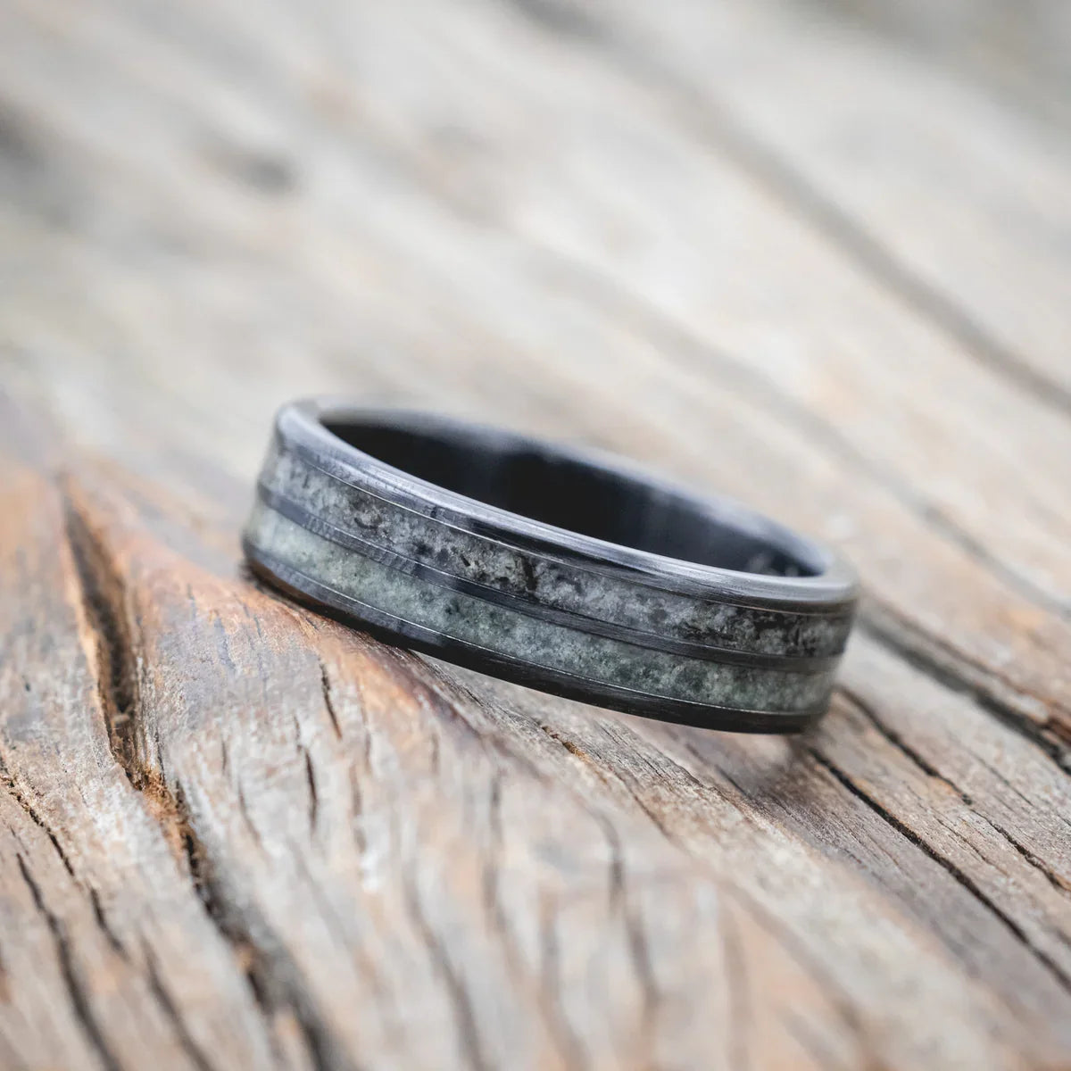 "Dyad" - Moss Agate & Moonstone Wedding Band - Black Zirconium (6mm) - Size 10 1/4