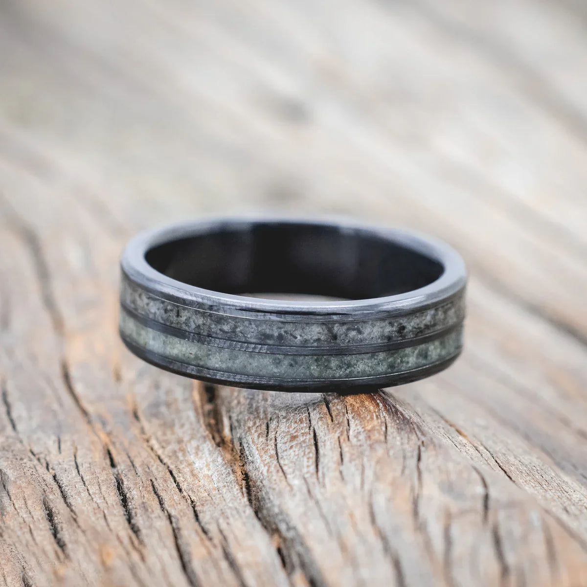 "Dyad" - Moss Agate & Moonstone Wedding Band - Black Zirconium (6mm) - Size 10 1/4