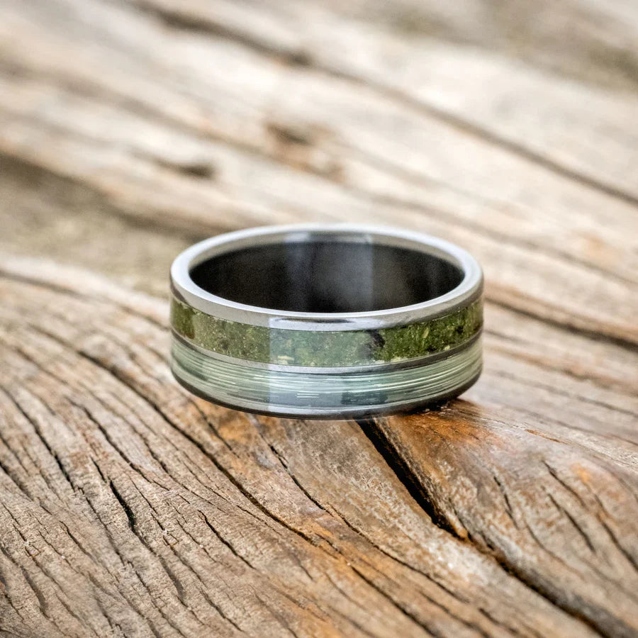 "Dyad" - Moss & Fishing Line Wedding Ring With Hammered Finish - Black Zirconium - Size 8 1/2