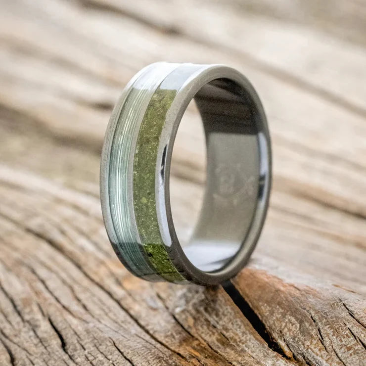 "Dyad" - Moss & Fishing Line Wedding Ring With Hammered Finish - Black Zirconium - Size 8 1/2