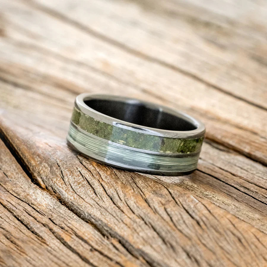 "Dyad" - Moss & Fishing Line Wedding Ring With Hammered Finish - Black Zirconium - Size 8 1/2