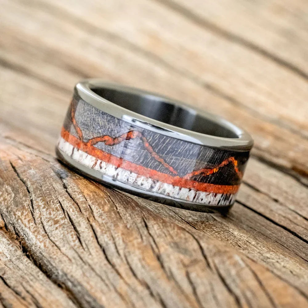 "The Expedition" - Mountain Engraved Wedding Ring With Dark Maple, Red Opal & Antler - Black Zirconium (8mm) - Size 10