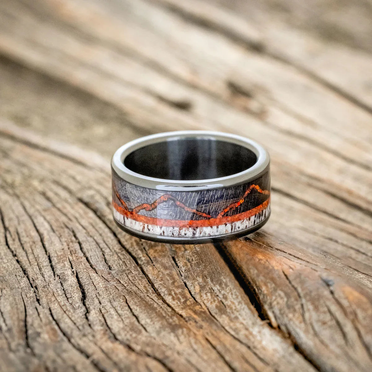 "The Expedition" - Mountain Engraved Wedding Ring With Dark Maple, Red Opal & Antler - Black Zirconium (8mm) - Size 10