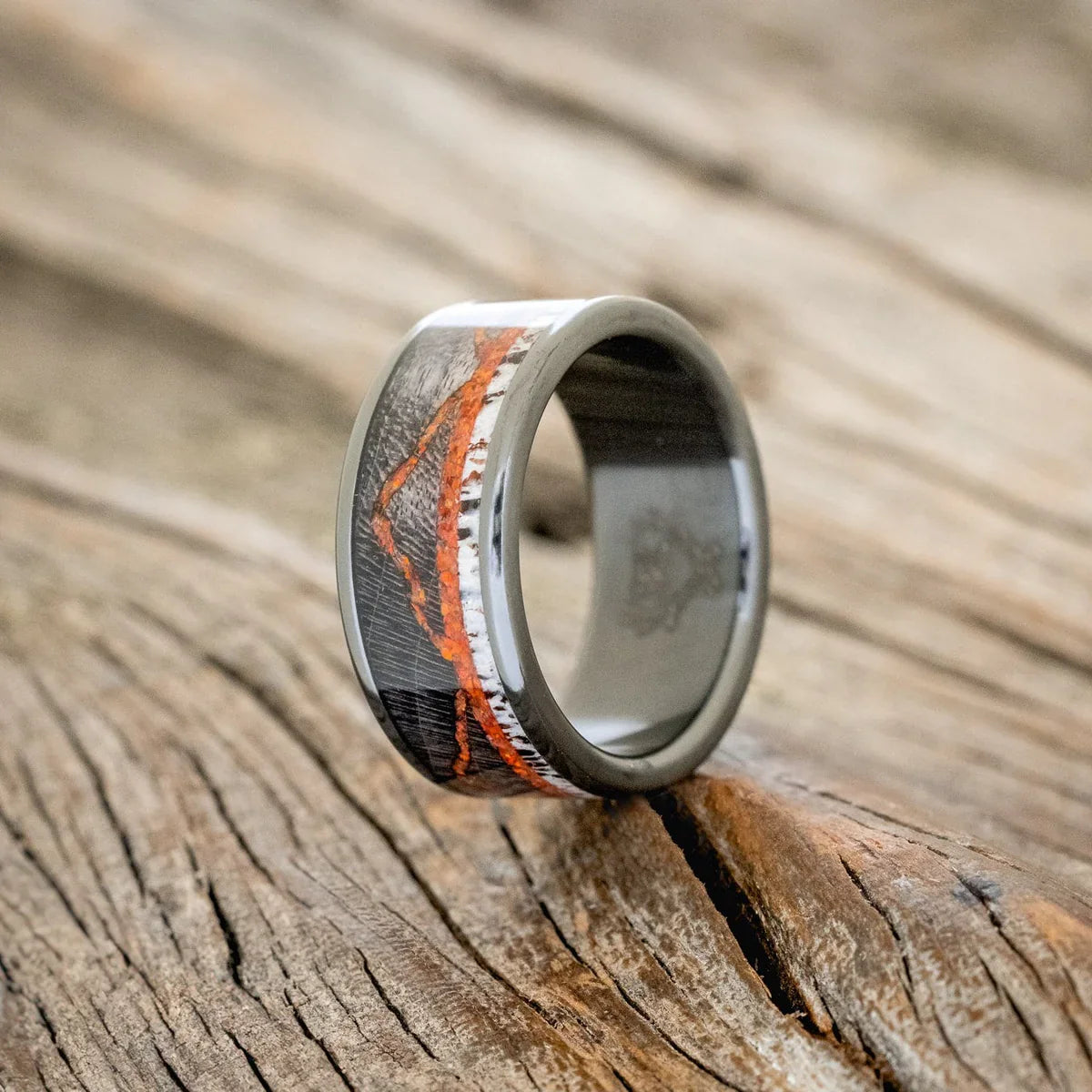 "The Expedition" - Mountain Engraved Wedding Ring With Dark Maple, Red Opal & Antler - Black Zirconium (8mm) - Size 10