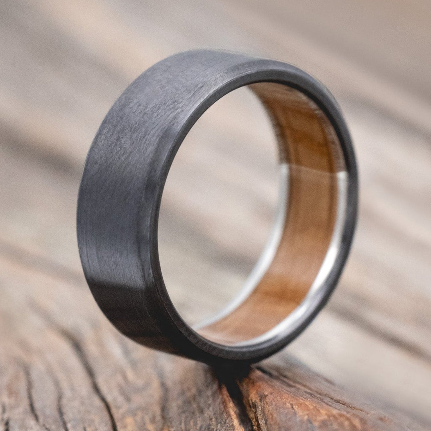 "Hyperion" - Whiskey Barrel Lined Wedding Band With Custom Finish