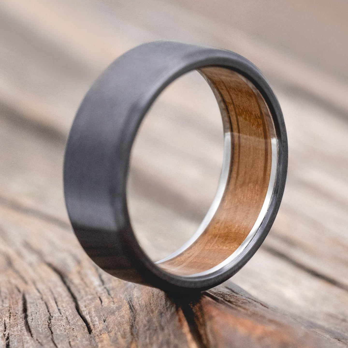 "Hyperion" - Whiskey Barrel Lined Wedding Band With Custom Finish