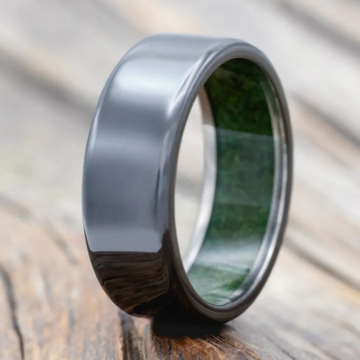 "Hyperion" - Moss Lined Wedding Band - Black Zirconium (8mm) - Size 10