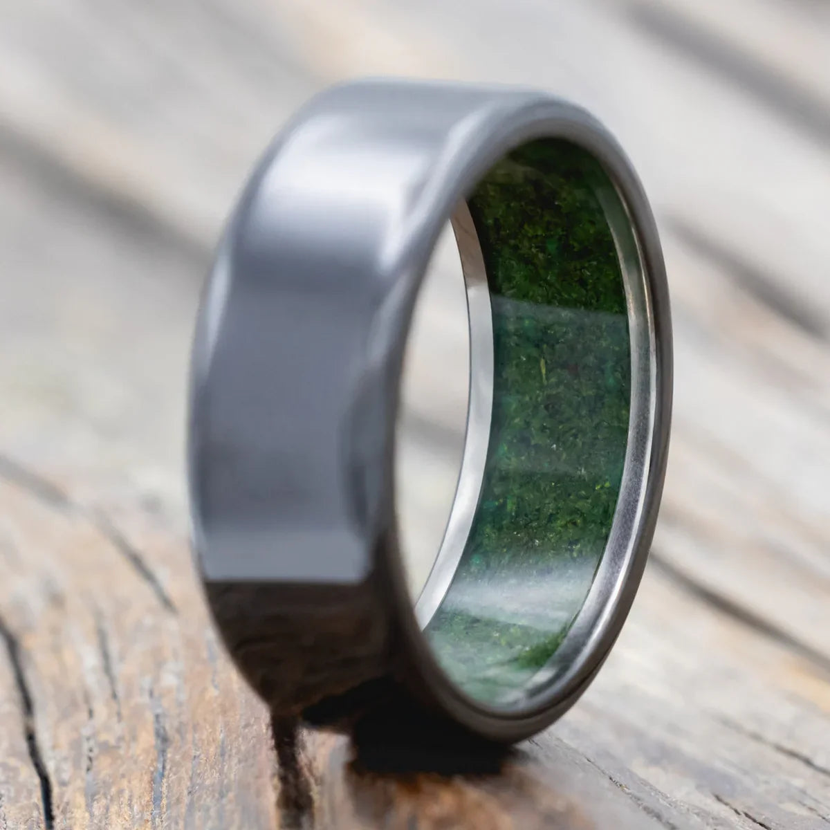 "Hyperion" - Moss Lined Wedding Band - Black Zirconium (8mm) - Size 10