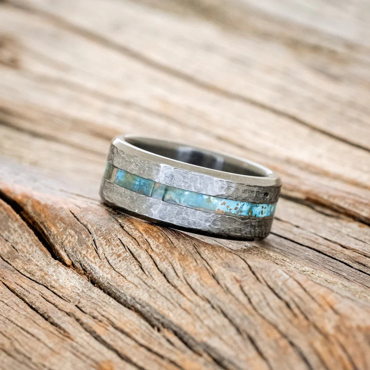 Nirvana" - Centered Patina Copper Wedding Band Featuring a Hammered Finish - Black Zirconium (8mm) - Size 8