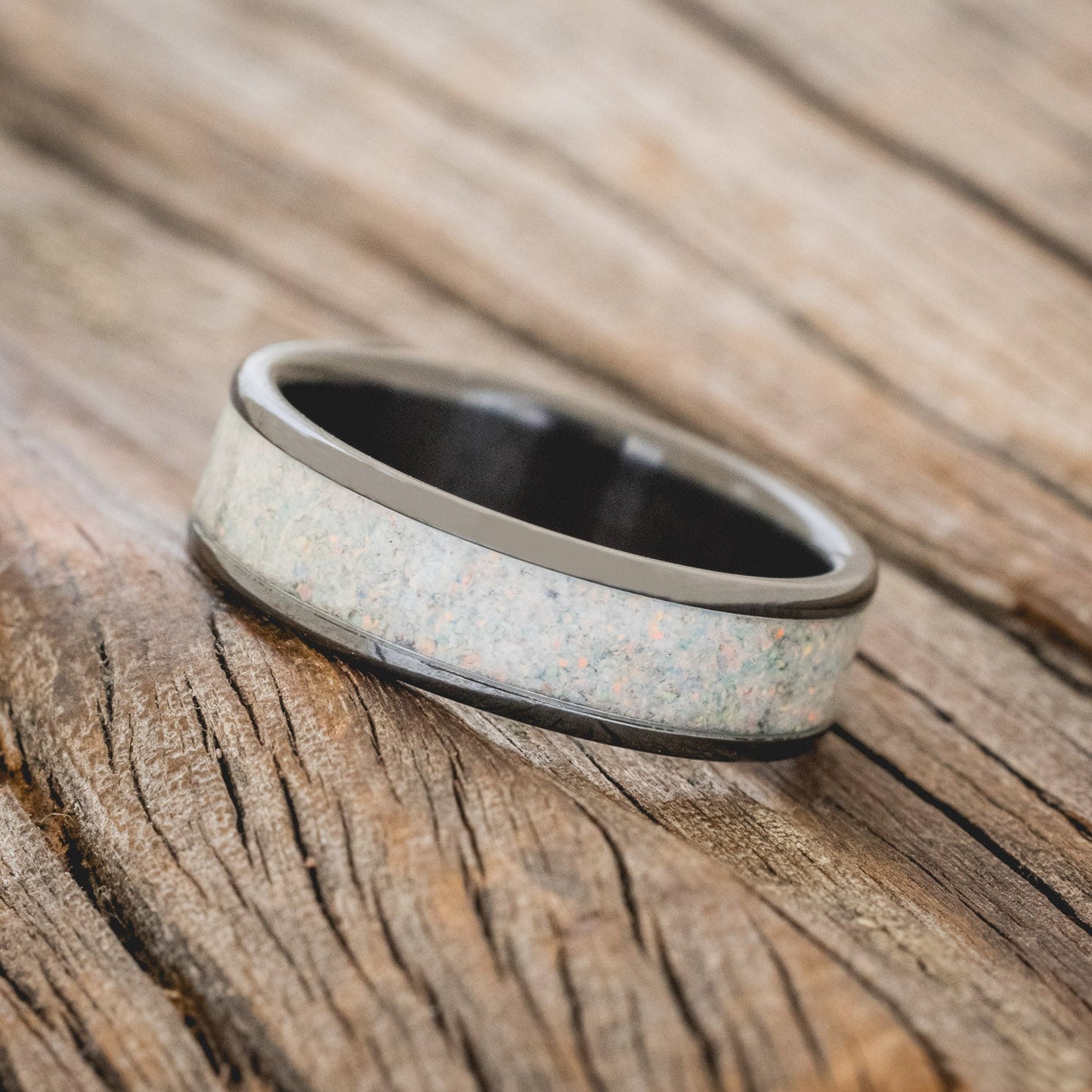 "Rainier" - Fire & Ice Opal Wedding Band - Black Zirconium (6mm) - Size 11