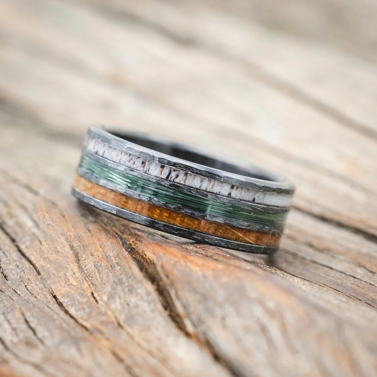 "Rio" - Antler, Green Mono Fishing Line, And Whiskey Barrel Oak Wedding Band With A Hammered Finish - Black Zirconium (8mm) - Size 10 1/2