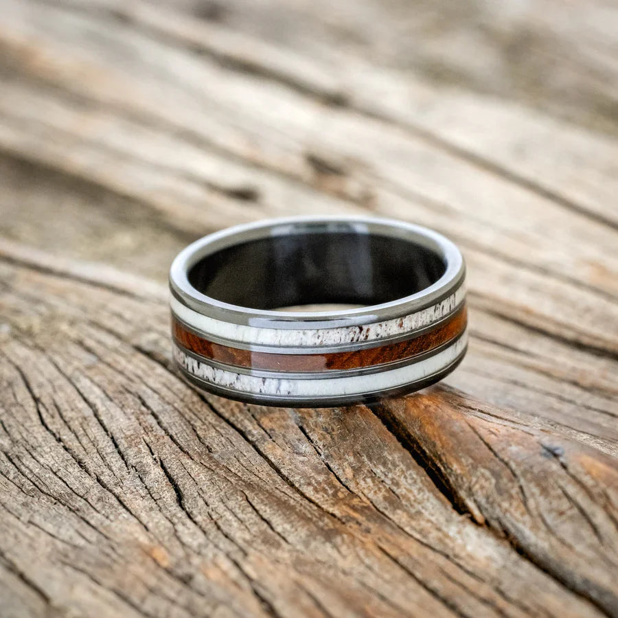 "Rio" - Ironwood & Antler Wedding Ring - Black Zirconium - Size 8