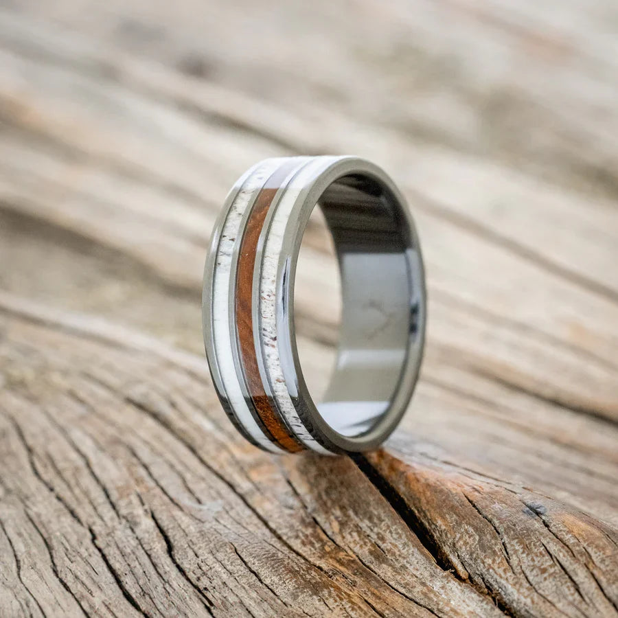 "Rio" - Ironwood & Antler Wedding Ring - Black Zirconium - Size 8