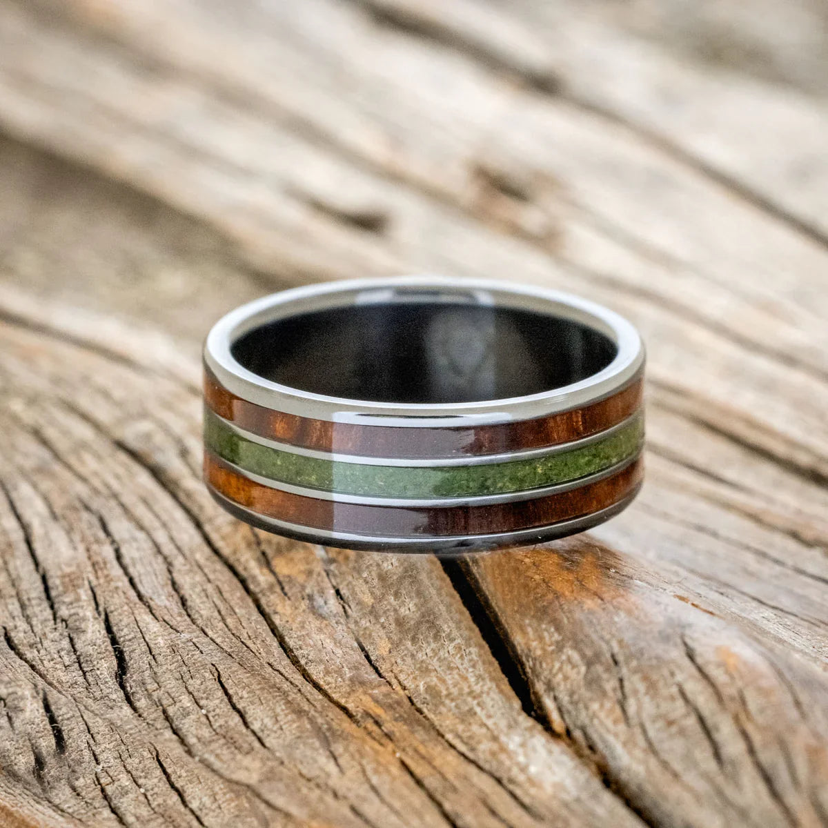 "Rio" - Redwood & Moss Wedding Band - Black Zirconium (8mm) - Size 8 1/2