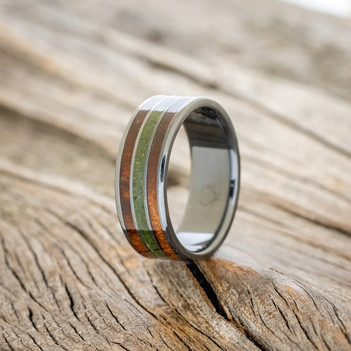 "Rio" - Redwood & Moss Wedding Band - Black Zirconium (8mm) - Size 8 1/2