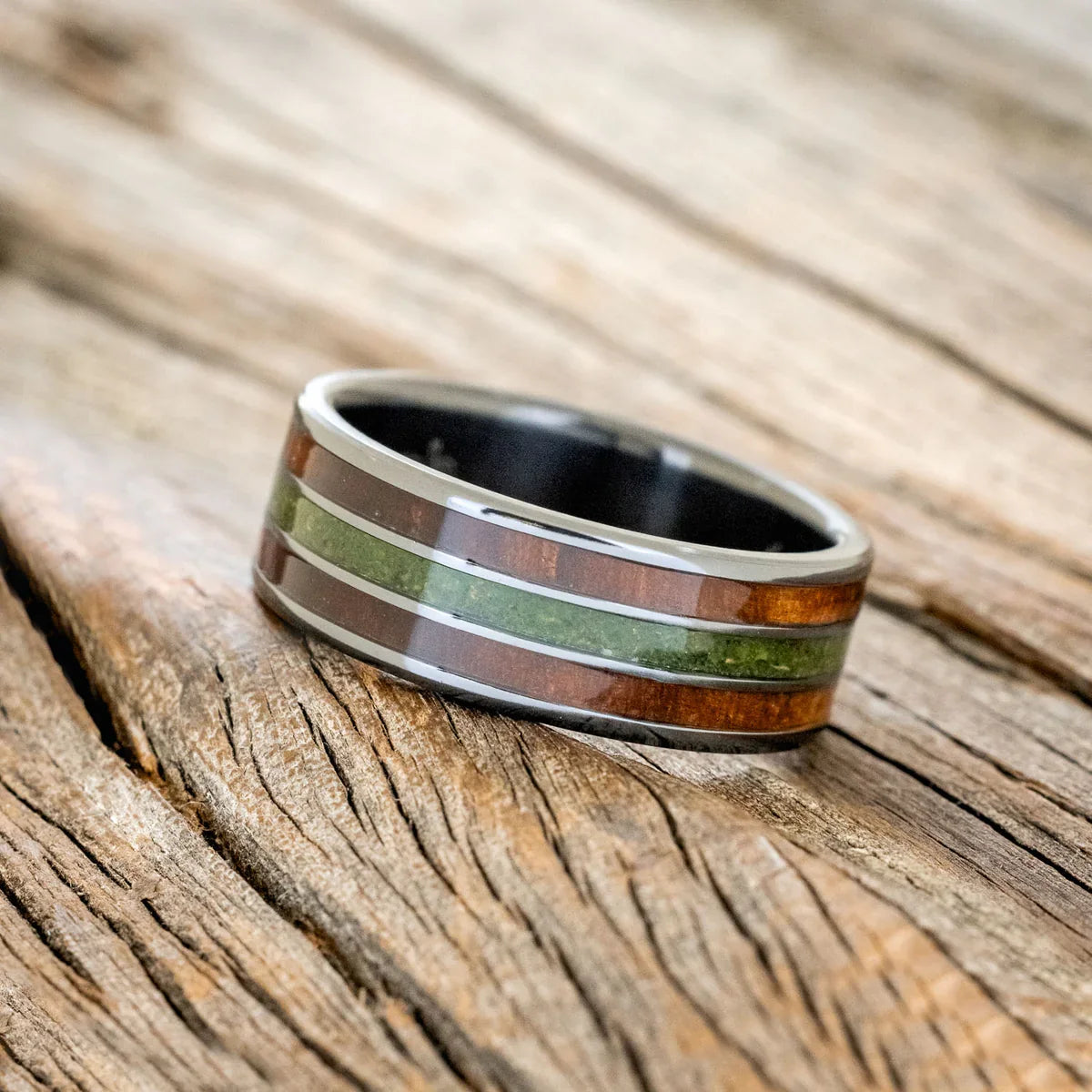 "Rio" - Redwood & Moss Wedding Band - Black Zirconium (8mm) - Size 8 1/2