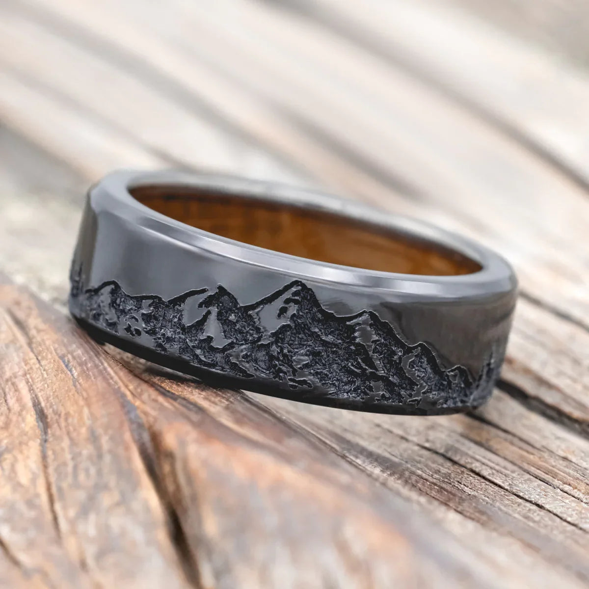 "Ross" - Mountain & Forest Engraved Wedding Band With Whiskey Barrel Oak Lining - Black Zirconium (8mm) - Size 10