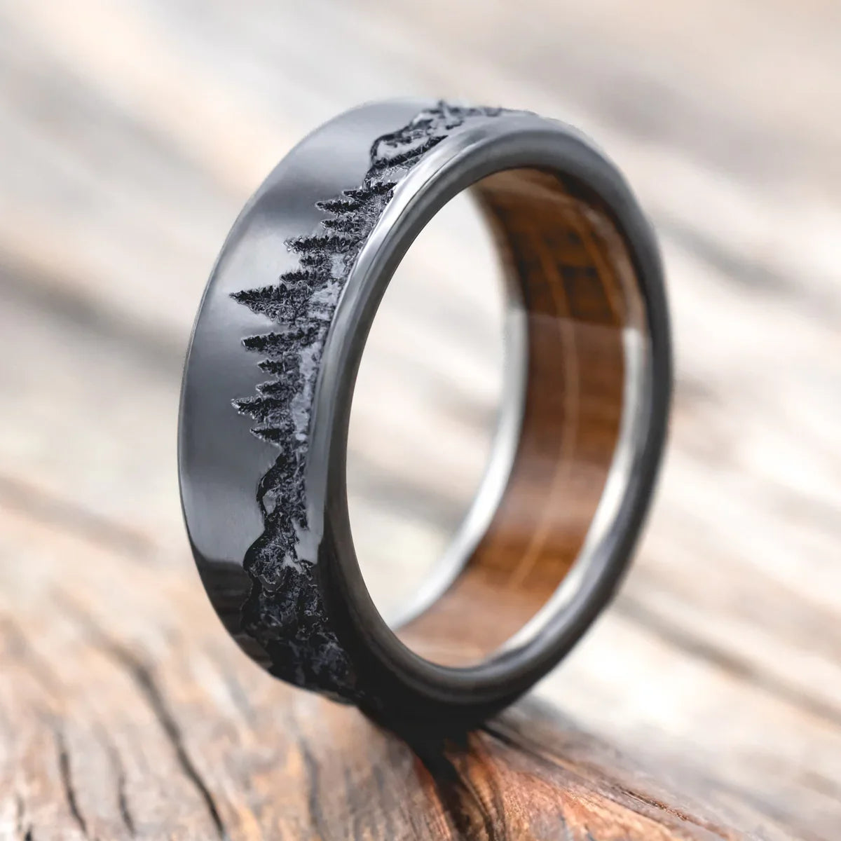 "Ross" - Mountain & Forest Engraved Wedding Band With Whiskey Barrel Oak Lining - Black Zirconium (8mm) - Size 10