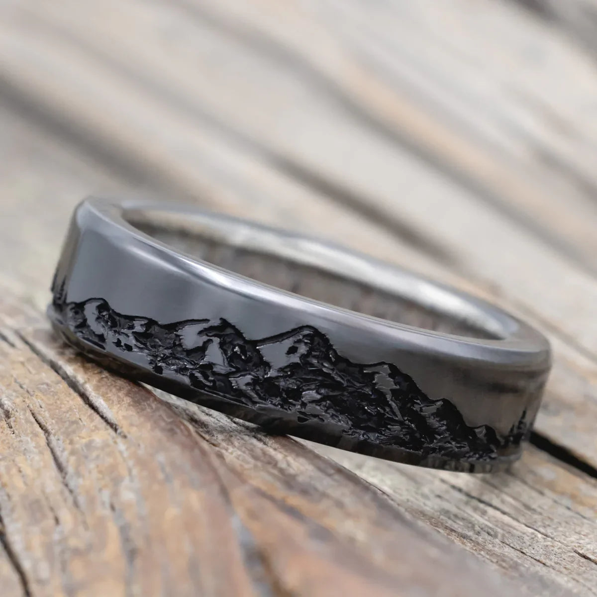 "Ross" - Mountain & Forest Engraved Wedding Band With Antler Lining - Black Zirconium (8mm) - Size 8 1/2