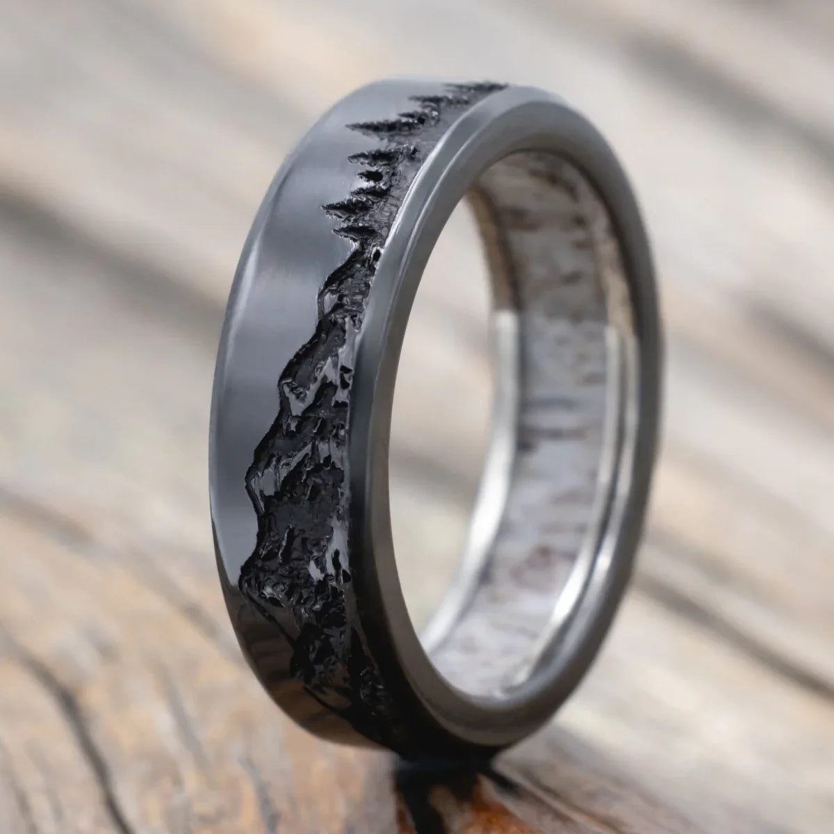 "Ross" - Mountain & Forest Engraved Wedding Band With Antler Lining - Black Zirconium (8mm) - Size 8 1/2
