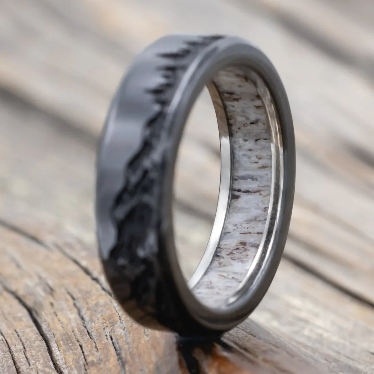 "Ross" - Mountain & Forest Engraved Wedding Band With Antler Lining - Black Zirconium (8mm) - Size 8 1/2