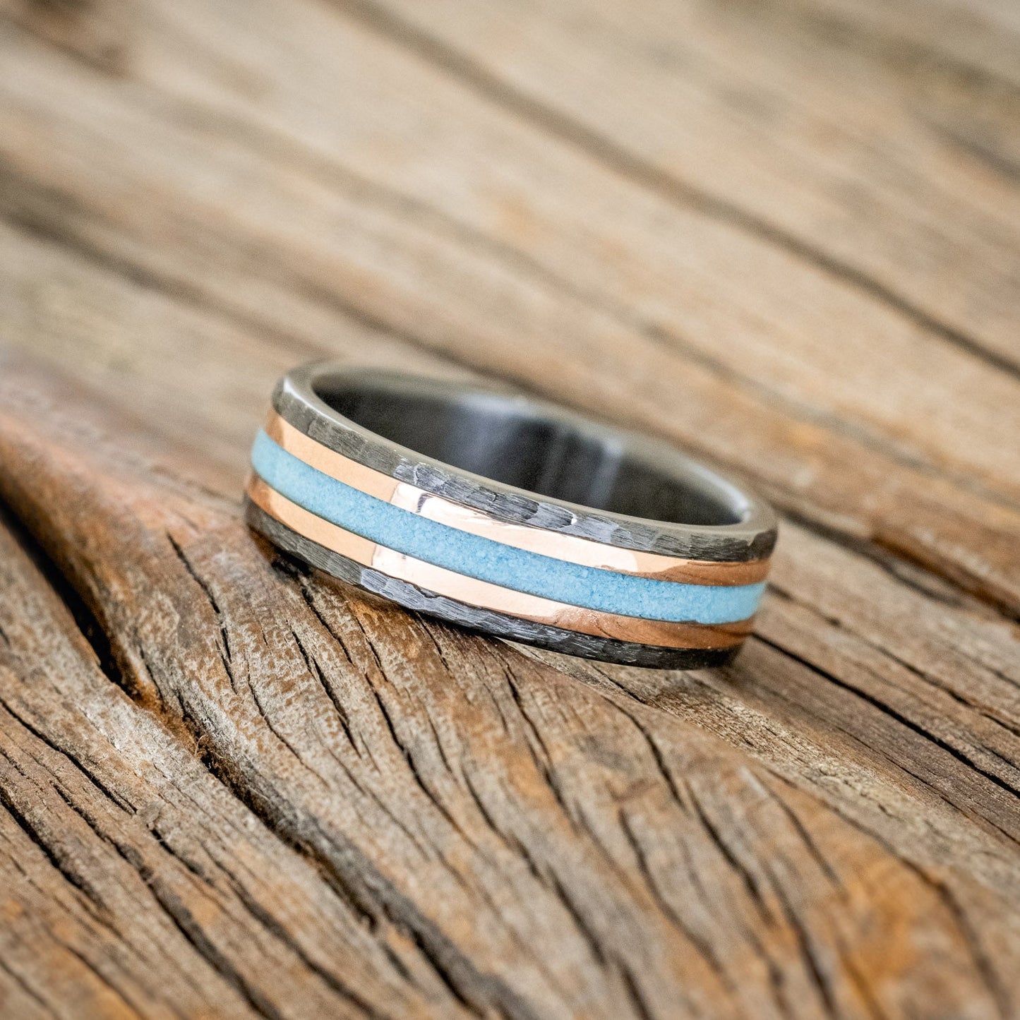 "Hollis" - Turquoise & 14K Yellow Gold Inlay Wedding Ring With Hammered Finish - Black Zirconium (6mm) - Size 9 1/2