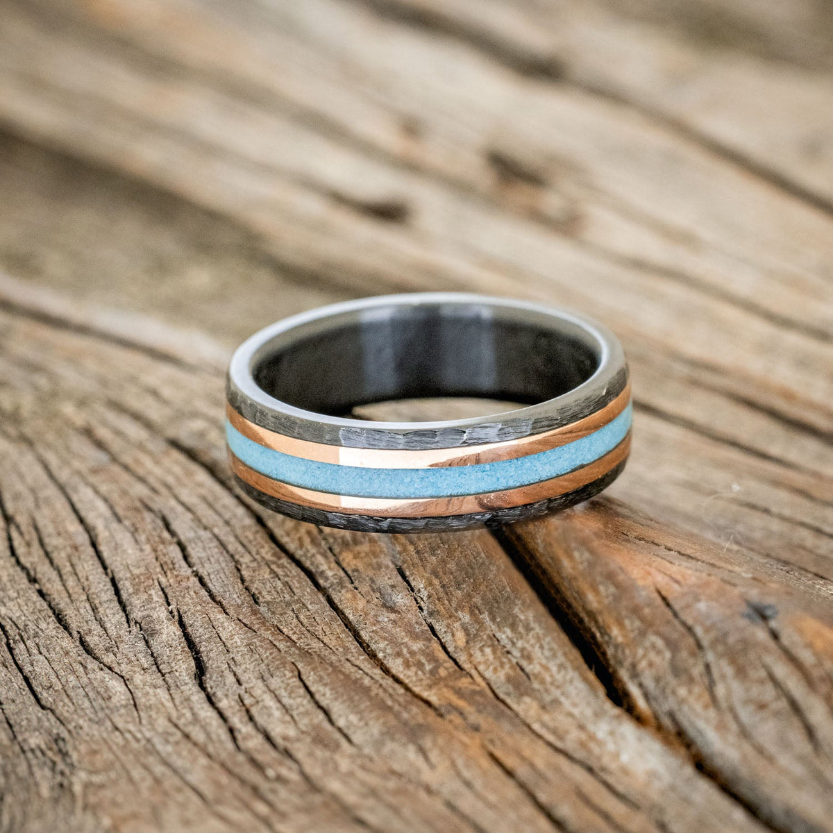 "Hollis" - Turquoise & 14K Yellow Gold Inlay Wedding Ring With Hammered Finish - Black Zirconium (6mm) - Size 9 1/2