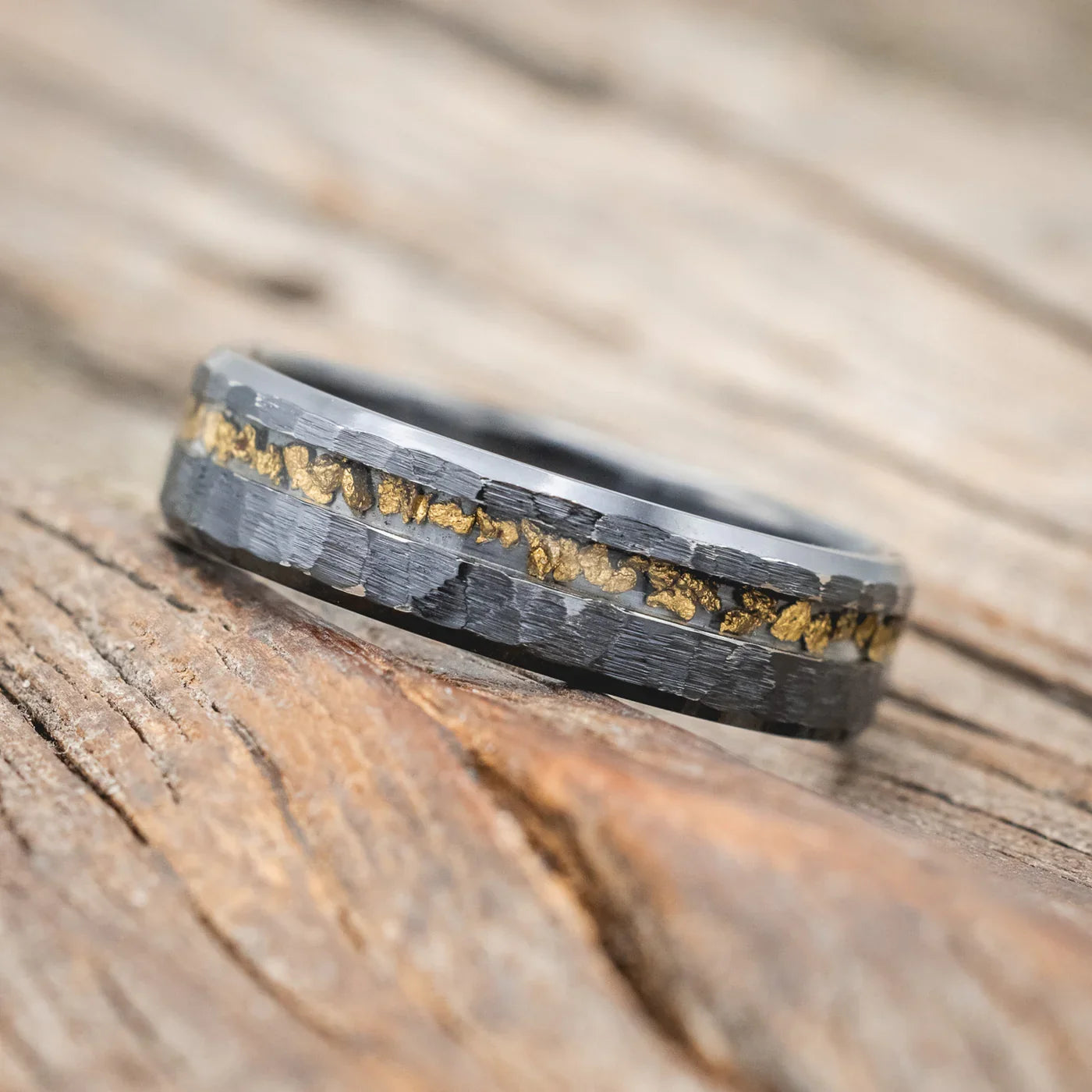 "Vertigo" - Gold Nugget Wedding Ring With a Hammered Finish - Black Zirconium (6mm) - Size 9 1/2