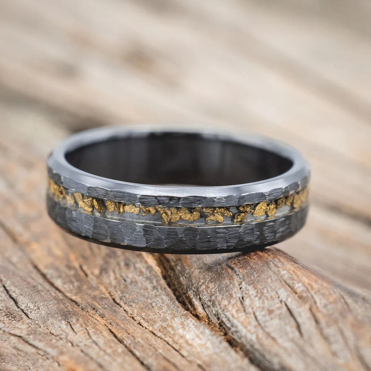 "Vertigo" - Gold Nugget Wedding Ring With a Hammered Finish - Black Zirconium (6mm) - Size 9 1/2