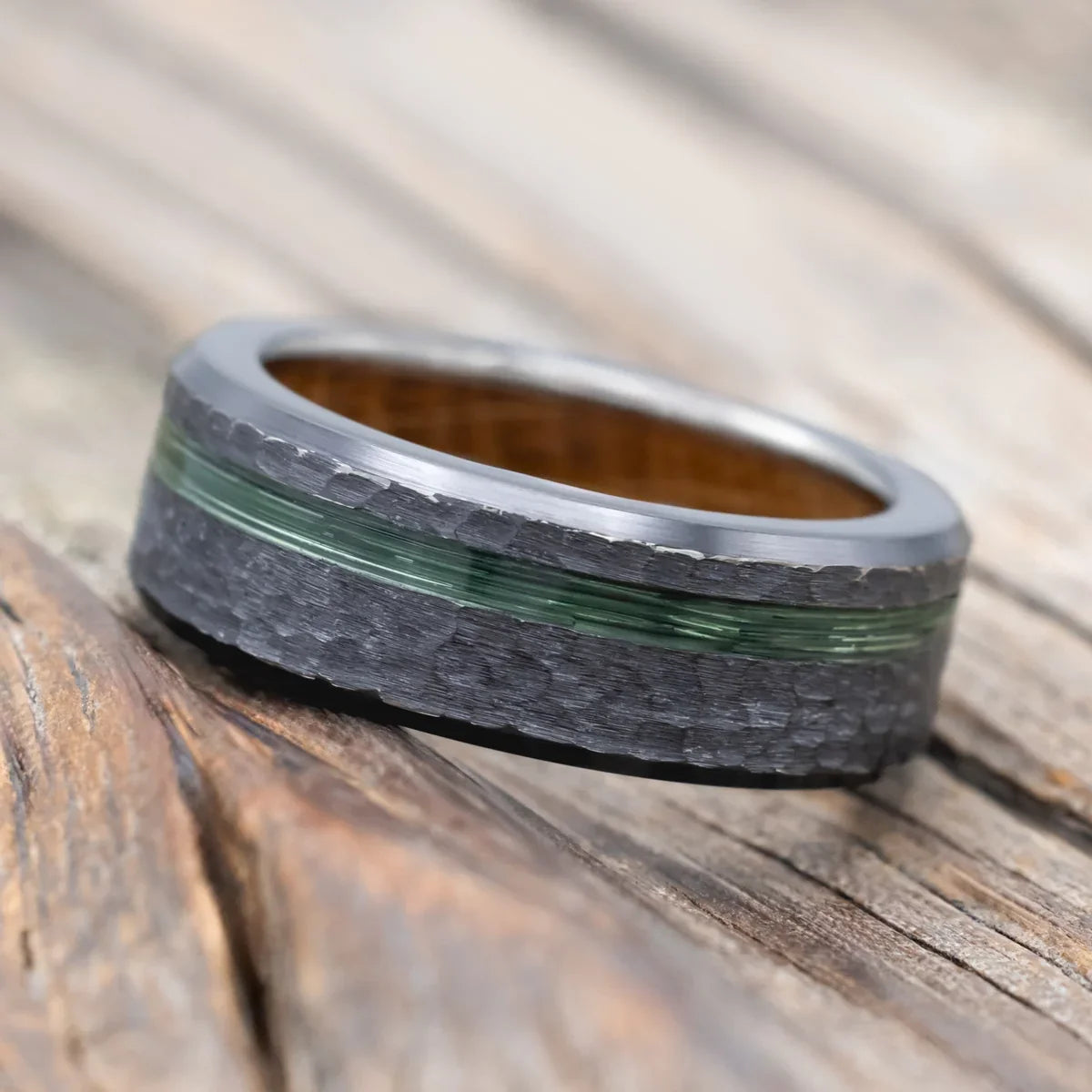 "Vertigo" - Green Mono Fishing Line Inlay Wedding Ring Featuring An Antler & Whiskey Barrel Lining With Hammered Finish - Black Zirconium (8mm) - Size 10 3/4