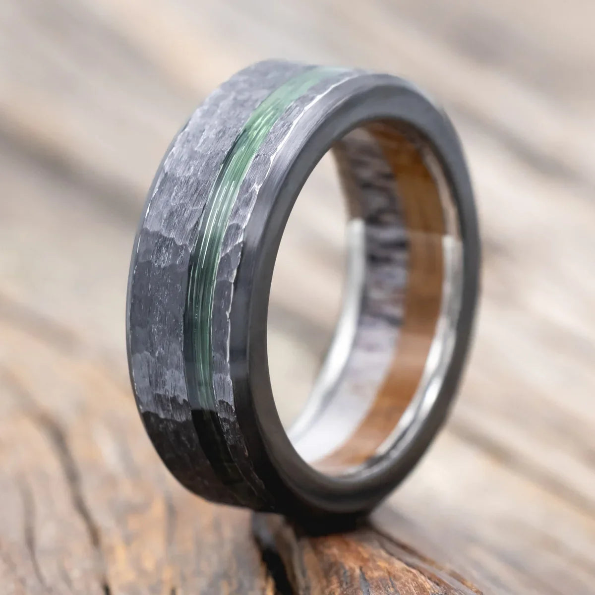 "Vertigo" - Green Mono Fishing Line Inlay Wedding Ring Featuring An Antler & Whiskey Barrel Lining With Hammered Finish - Black Zirconium (8mm) - Size 10 3/4