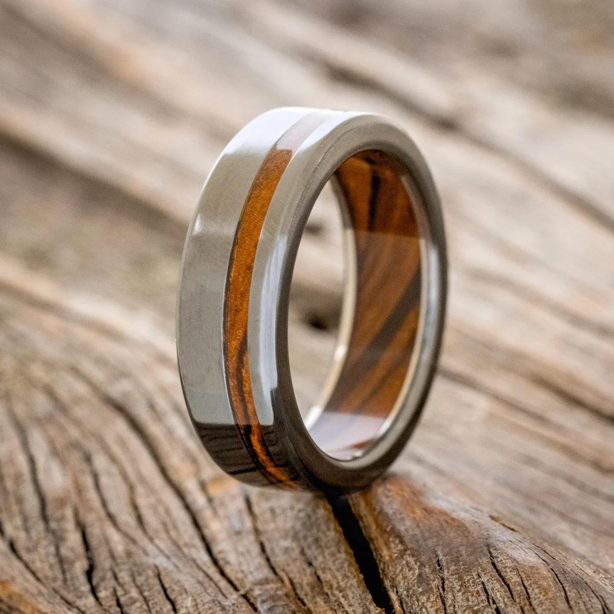 "Vertigo" - Ironwood Lining & Inlay Wedding Ring - Black Zirconium (8mm) - Size 9
